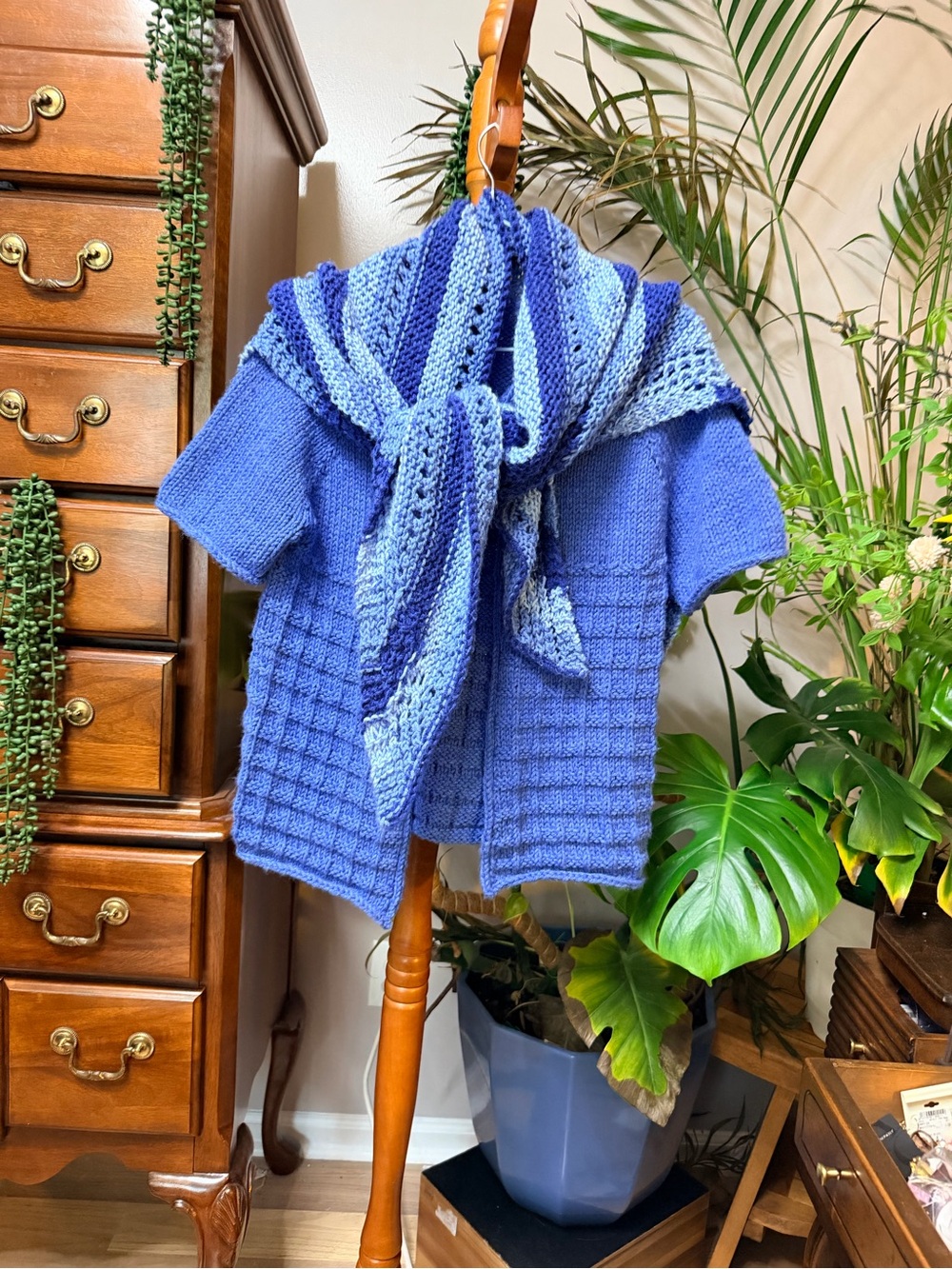 Hand Knit Blue Cardigan with Striped Shawl